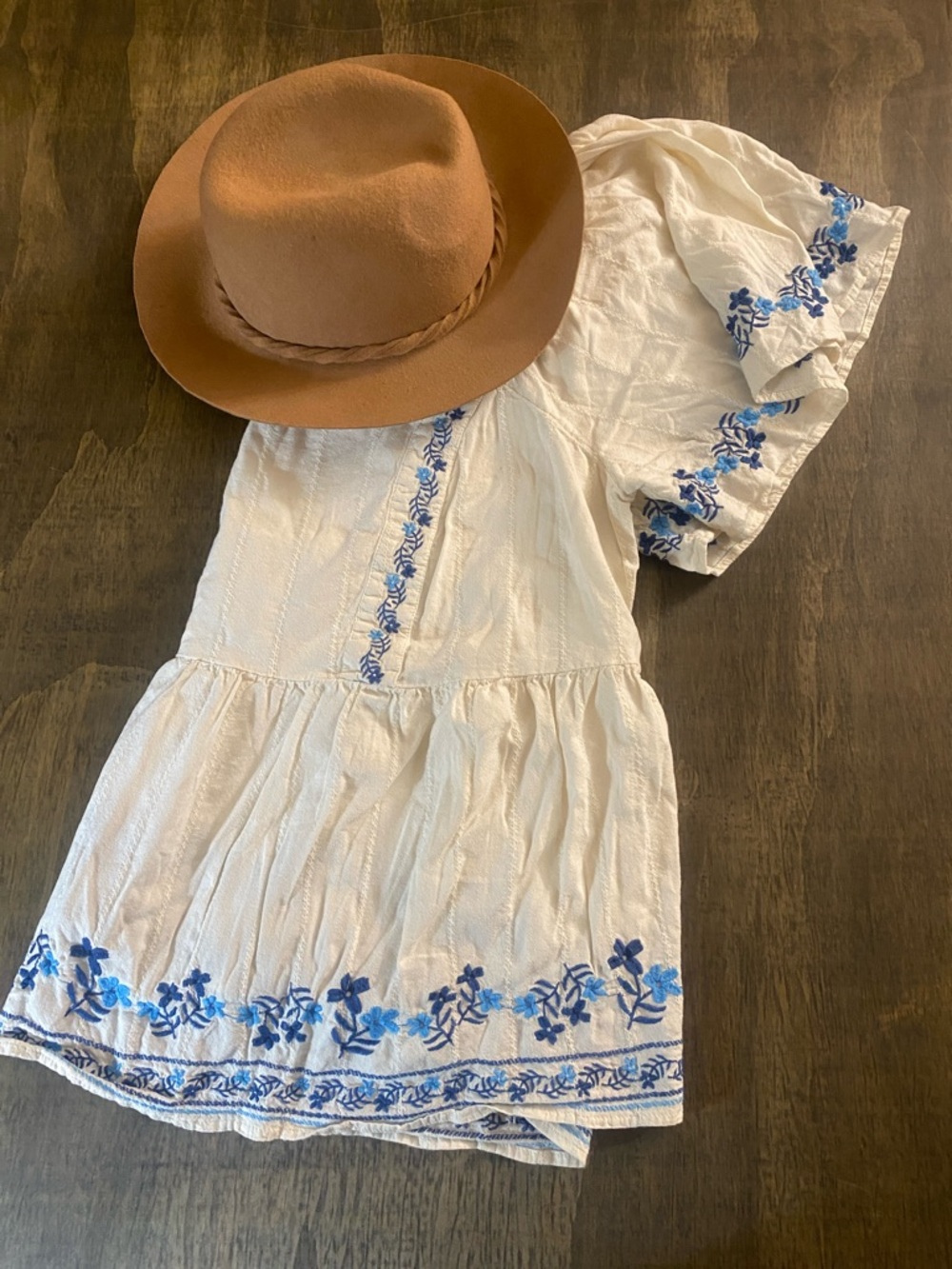 Old Navy White Gauze Tunic Dress with Blue Floral Embroidery